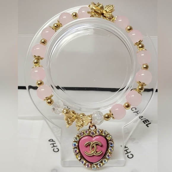 Glass Beaded Bracelet With Stamped CHANEL Crystaled Pink Heart Replacement Charm - Picture 8 of 9